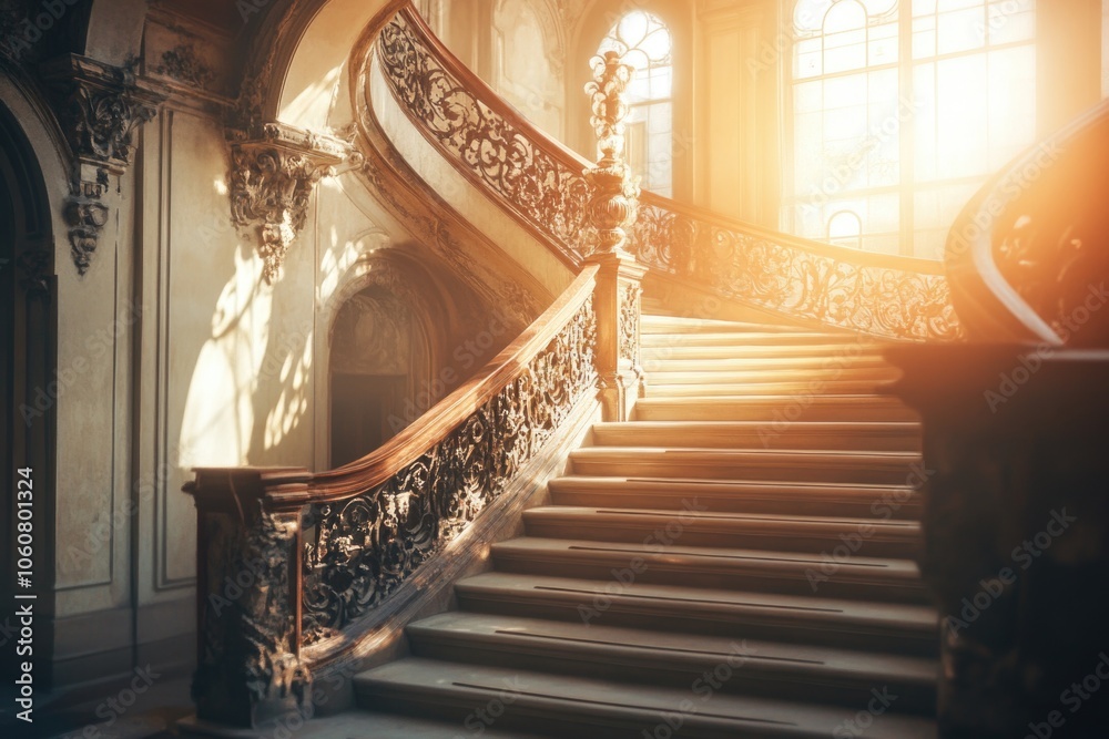 Poster A staircase in a building with sunlight shining through the window, great for interior design or architecture projects