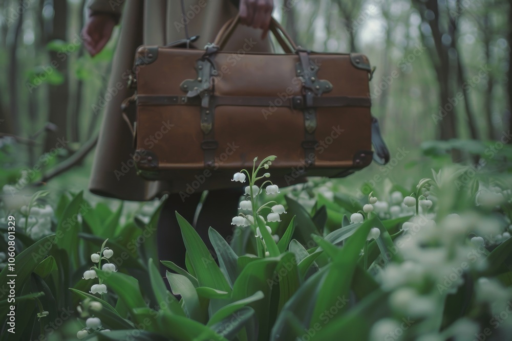Poster a person walking through a dense forest while carrying a brown suitcase, great for use in travel or 