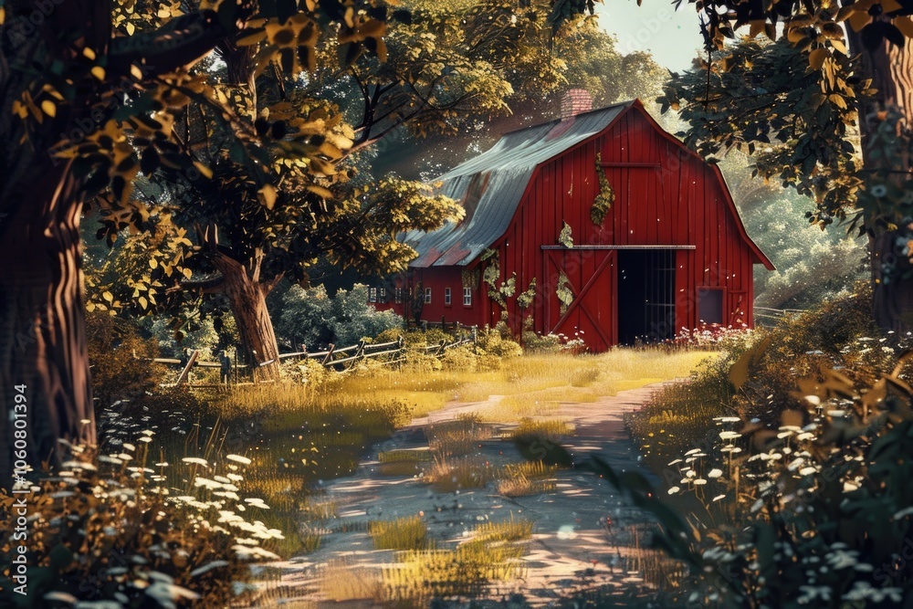 Poster a rustic red barn surrounded by tall trees and lush greenery