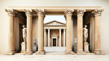 Naklejka premium Ancient Roman architecture, ornate columns, symmetrical design, marble temple facade, grand entrance, Corinthian capitals, classical statues, sepia tones, historical illustration, architectural detail