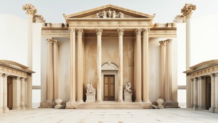 Obraz premium Ancient Roman architecture, ornate columns, symmetrical design, marble temple facade, grand entrance, Corinthian capitals, classical statues, sepia tones, historical illustration, architectural detail
