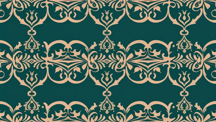 Ornamental scroll pattern with floral motifs, green backdrop.