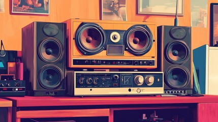 Fototapeta premium A modern stereo system placed on a wooden table, ideal for home use or office decoration