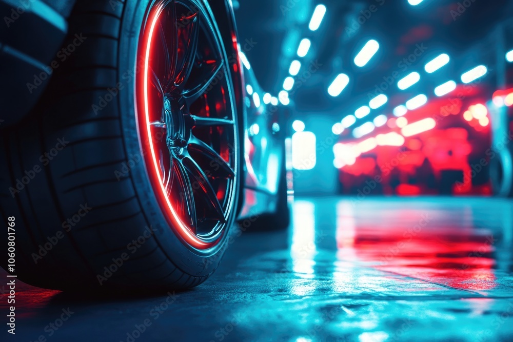 Poster a close-up view of a tire on a slippery wet floor, with water droplets reflecting the surrounding en