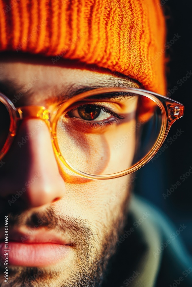 Poster a close-up shot of a person wearing glasses and a hat, suitable for illustrations or designs where a