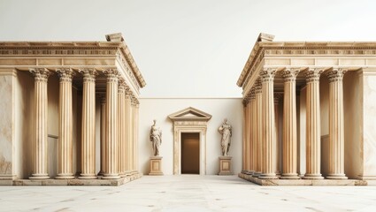 Obraz premium Ancient Roman architecture, ornate columns, symmetrical design, marble temple facade, grand entrance, Corinthian capitals, classical statues, sepia tones, historical illustration, architectural detail