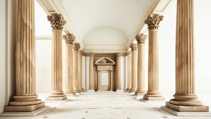 Ancient Roman architecture, ornate columns, symmetrical design, marble temple facade, grand entrance, Corinthian capitals, classical statues, sepia tones, historical illustration, architectural detail
