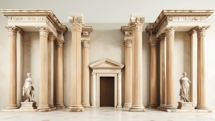 Naklejka premium Ancient Roman architecture, ornate columns, symmetrical design, marble temple facade, grand entrance, Corinthian capitals, classical statues, sepia tones, historical illustration, architectural detail