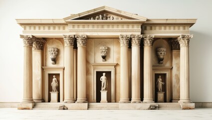 Fototapeta premium Ancient Roman architecture, ornate columns, symmetrical design, marble temple facade, grand entrance, Corinthian capitals, classical statues, sepia tones, historical illustration, architectural detail