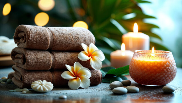 Serene spa arrangement with towels, flowers, and gentle lighting.
