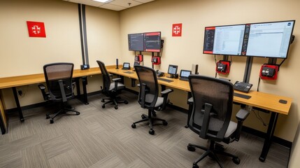 Modern Tech-Enabled Office Workspace with Desk Workstations and Multiple Screens