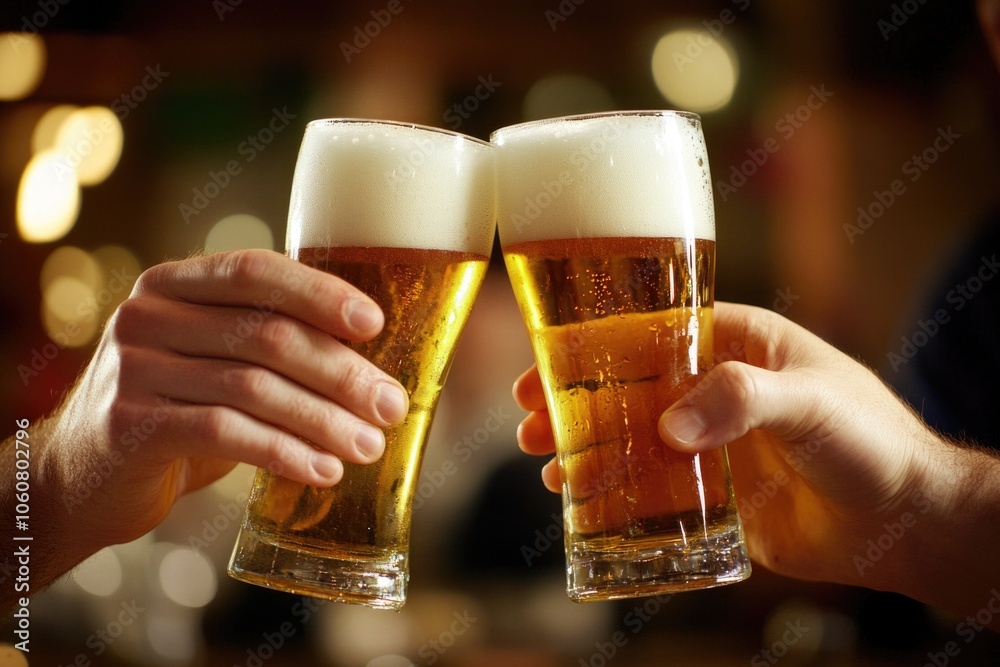 Poster two friends enjoying beers together in a modern bar setting