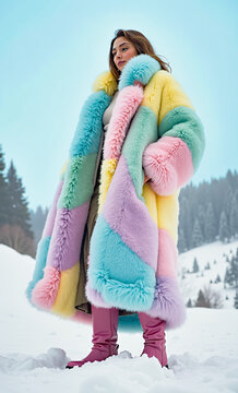 Young woman in rainbow pastel colored faux fur coat and boots standing in snow with winter mountain landscape
