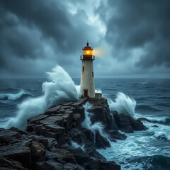  isolated lighthouse stands tall on a windswept rocky coastline, battered by the fury of a tempestuous storm, with crashing waves and swirling storm clouds reflected in the dark © prodesign