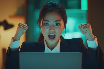 A professional woman with her hands raised in surrender, likely in a negotiation or conflict resolution scenario