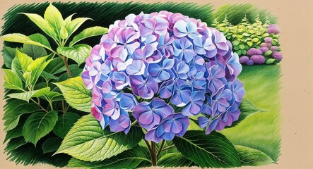 Obraz premium Hydrangea in a lush garden hand drawing