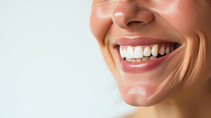 Obraz premium Laughing woman mouth with beautiful healthy white teeth on a white background. Place for text