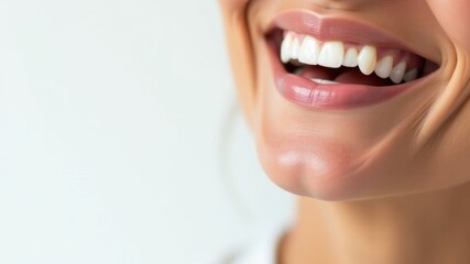 Obraz premium Laughing woman mouth with beautiful healthy white teeth on a white background. Place for text