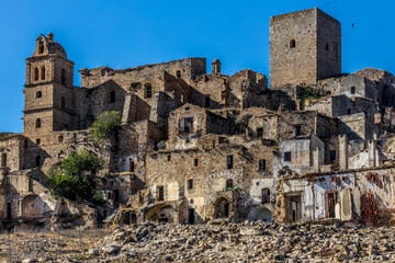 Abandoned ruins of the ghost town of Craco. A city abandoned due to an earthquake in the late 20th century. Province of Matera, Basilicata, Italy