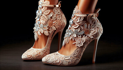 Obraz premium Close-up of elegant bridal high heels adorned with lace, intricate beadwork, and floral designs. Perfect for weddings or special occasions.