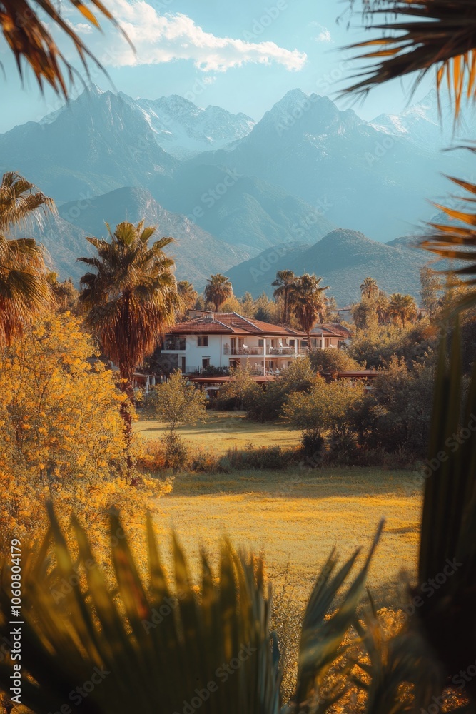 Poster a small house situated in a green field with mountains visible in the distance