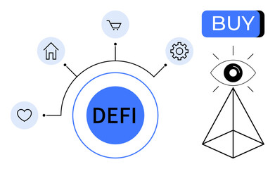 DeFi text in blue circle with connected icons for heart, house, shopping cart, and gear. Eye above pyramid and Buy button alongside. Ideal for finance, cryptocurrency, tech, investment, economic