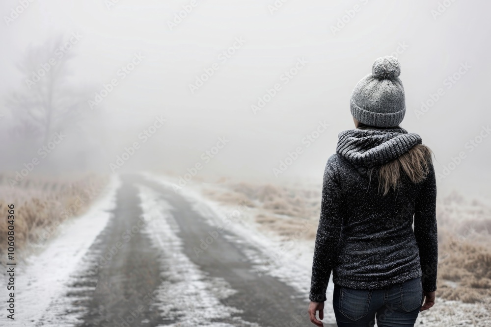 Poster a person walking on a snow-covered road with nothing but nature around