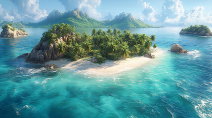 Fototapeta premium Palm trees and driftwood scattered along the edge of a beach, waves rolling in: Pieces of driftwood lie along the shore, with tall palms standing nearby. The waves roll onto the sa