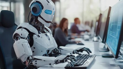 An AI robot with a headset operates a computer in a modern office, symbolizing automation, customer service, and future workplace technology. - Powered by Adobe