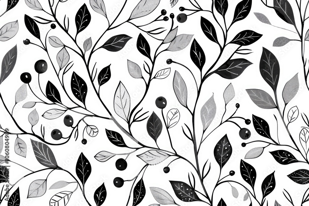Poster a close-up shot of a black and white leaf pattern with berries, suitable for use in designs related 