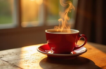 steam over a red cup of coffee, morning, sun rays