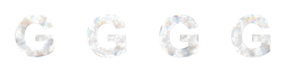 Set of 4 3d letter G with glass distortion and frosted effects isolated on a transparent background. 3d transparent elements for graphic design.