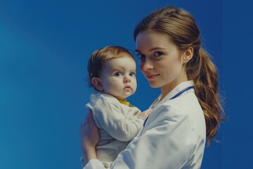 A woman holds a baby while wearing a lab coat, suitable for medical or science related uses