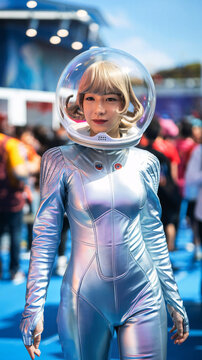Woman in Sci-fi costume with holographic bodysuit and clear bubble helmet, futuristic cosplay