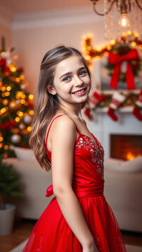 Young girl in elegant red dress smiling by Christmas decorations and lights