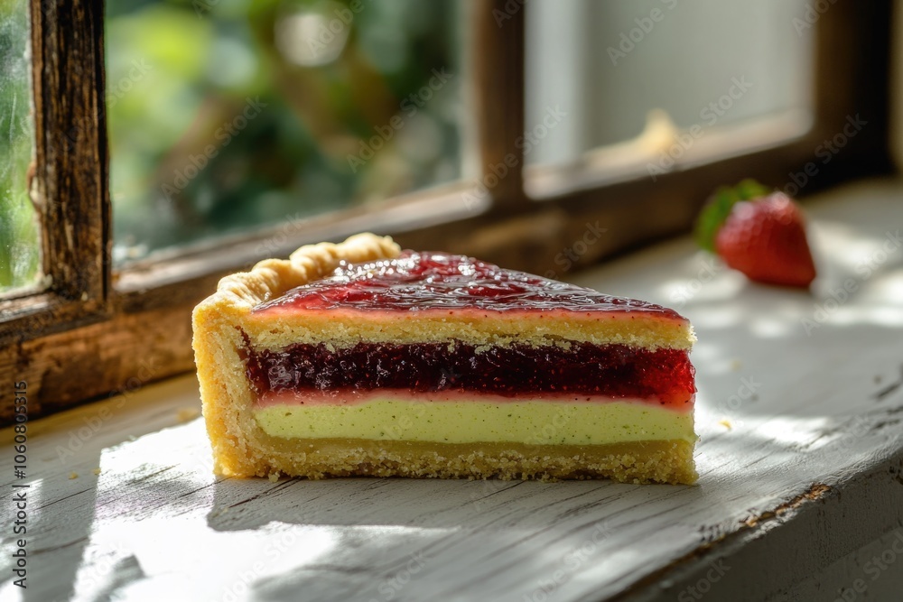 Poster A slice of cake sitting on top of a window sill, perfect for display or dessert