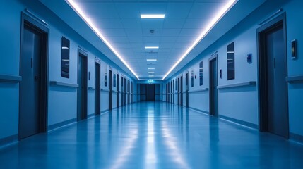 Long hospital corridor with closed doors and bright ceiling lights, creating a sterile and calm medical environment.