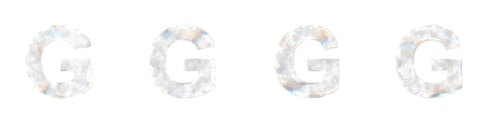 Set of 4 3d letter G with glass distortion and frosted effects isolated on a transparent background. 3d transparent elements for graphic design.