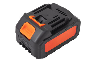 Lithium battery for a screwdriver, drill. Black battery with orange decorative inserts. Isolated...