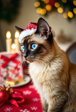 Blue-eyed kitty Wearing a Santa Hat by Christmass decoration