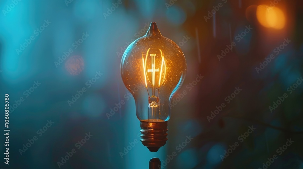 Poster a single light bulb shines brightly in a dark environment