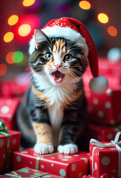 Cute Christmas cat with Santa cat among Holiday gifts