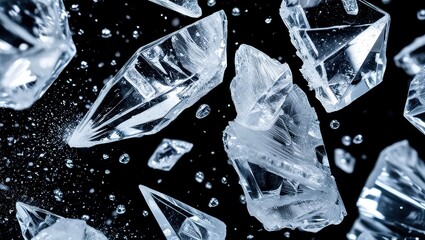 Ice crystals, macro photography, shattered glass, fractals, cold, reflective surfaces, frozen water, sharp edges, geometric shapes, light refraction, winter texture, crystalline structure, abstract pa