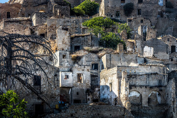 Abandoned ruins of the ghost town of Craco. A city abandoned due to an earthquake in the late 20th century. Province of Matera, Basilicata, Italy