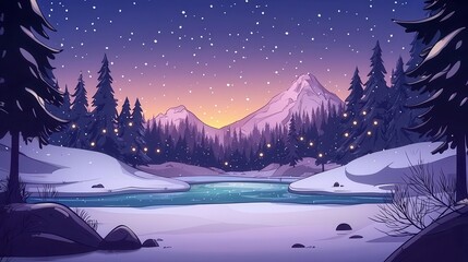 Fototapeta premium Frozen river through snowy forest, holiday lights on trees, Winter holiday nature scene