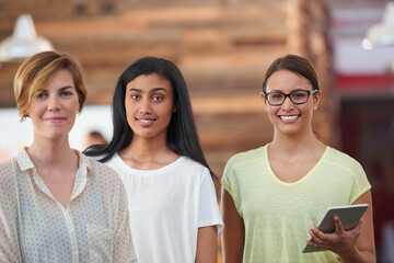 Portrait, women and smile at office with pride for career growth and job opportunity as copywriter. About us, employees and happy in confidence for creativity, teamwork and collaboration for business