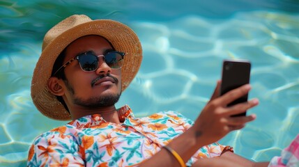 Fototapeta premium A person using a cell phone while wearing a hat