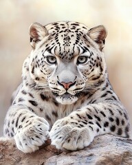 Fototapeta premium Snow leopard resting on a rock with beautiful fur pattern