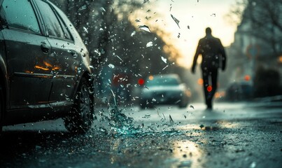 Naklejka premium Shattered car window on a street.