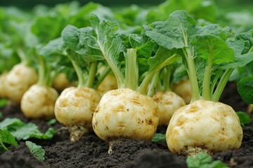 Close-up of Turnips Growing in a Garden Bed